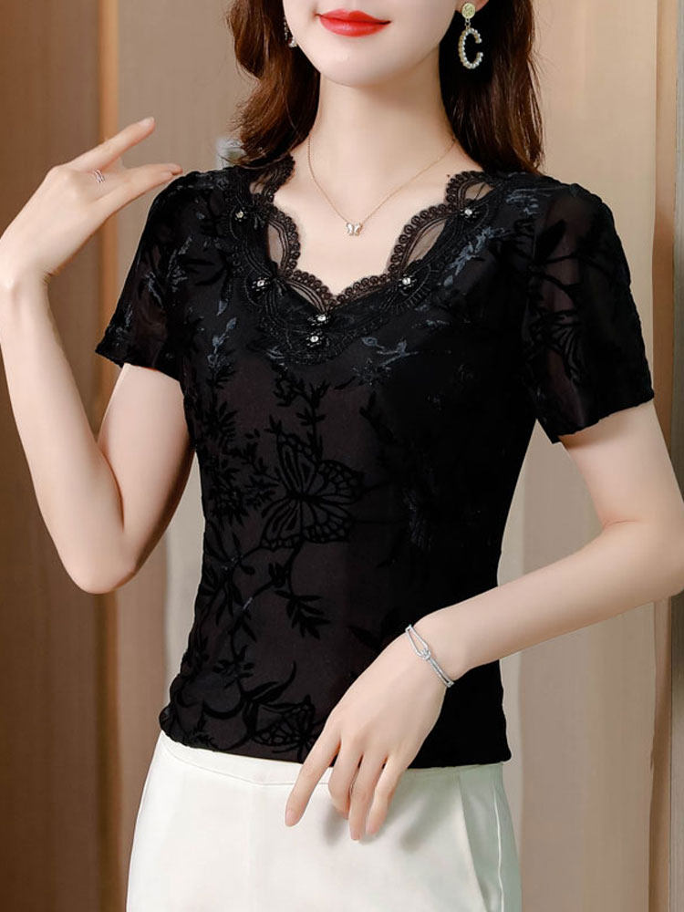 여성용 여름 새 스타일 엄마의 패셔너블하고 아름다운 하이 엔드 셔츠 슬리밍 메쉬 탑을위한 세련된 레이스 반팔 티셔츠