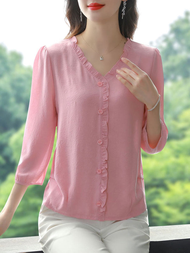 여성용 프렌치 브이넥 시폰 셔츠 7부 소매 봄 여름 루즈한 배 커버 패셔너블하고 아름다운 블라우스 어머니 스타일 상의
