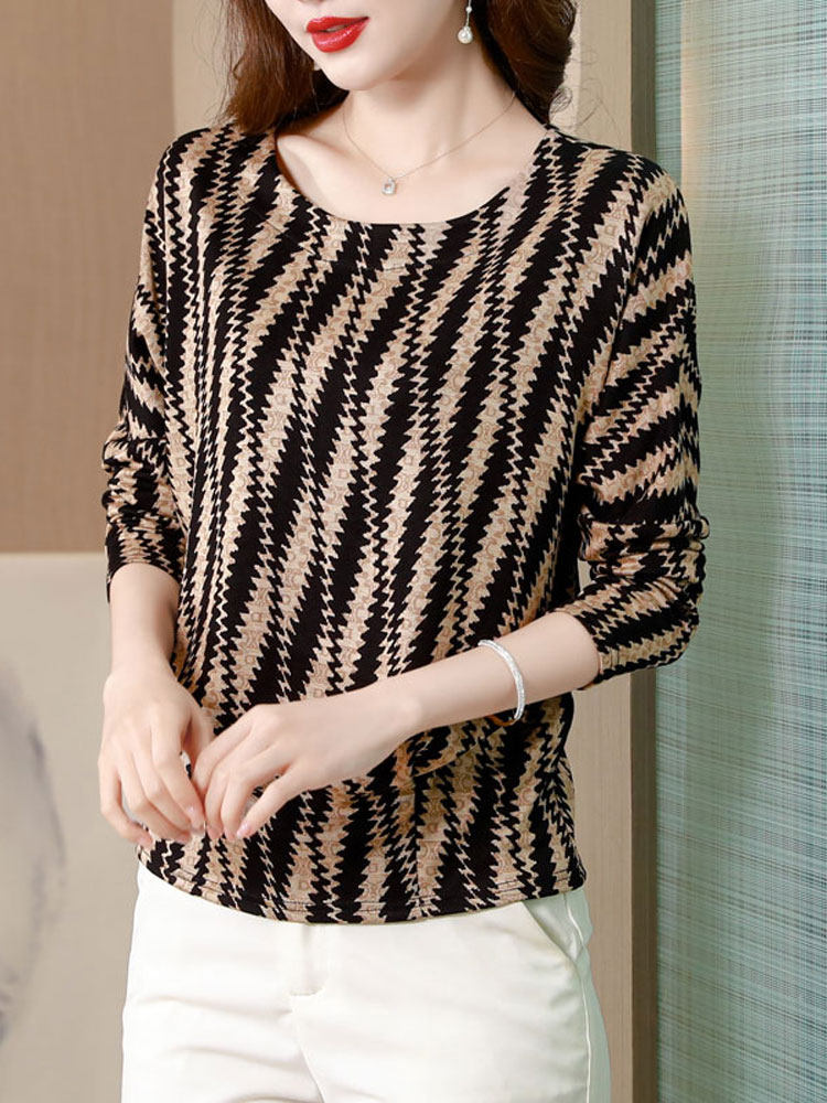 여성용 메쉬 밑단 셔츠 봄 신상품 긴팔 티셔츠 루즈한 배 커버 고급 스몰 셔츠 엄마의 패셔너블한 프린트 탑