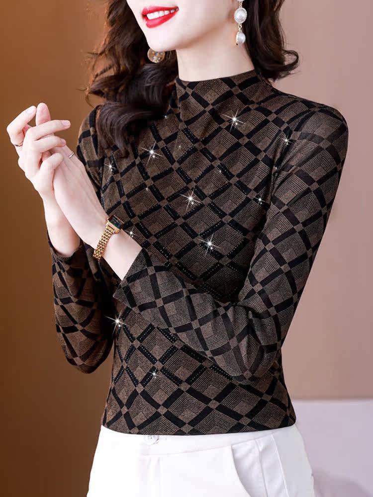 가을 겨울 여성용 고급 핫 다이아몬드 메쉬 바닥 셔츠 두꺼운 벨벳 체크 무늬 기질 긴팔 티셔츠 패셔너블 탑