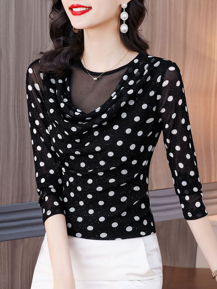 가을 겨울 슬리밍 플러스 벨벳 긴팔 티셔츠 엄마 패션 탑 여성용 더미 칼라 폴카 도트 메쉬 바닥 셔츠