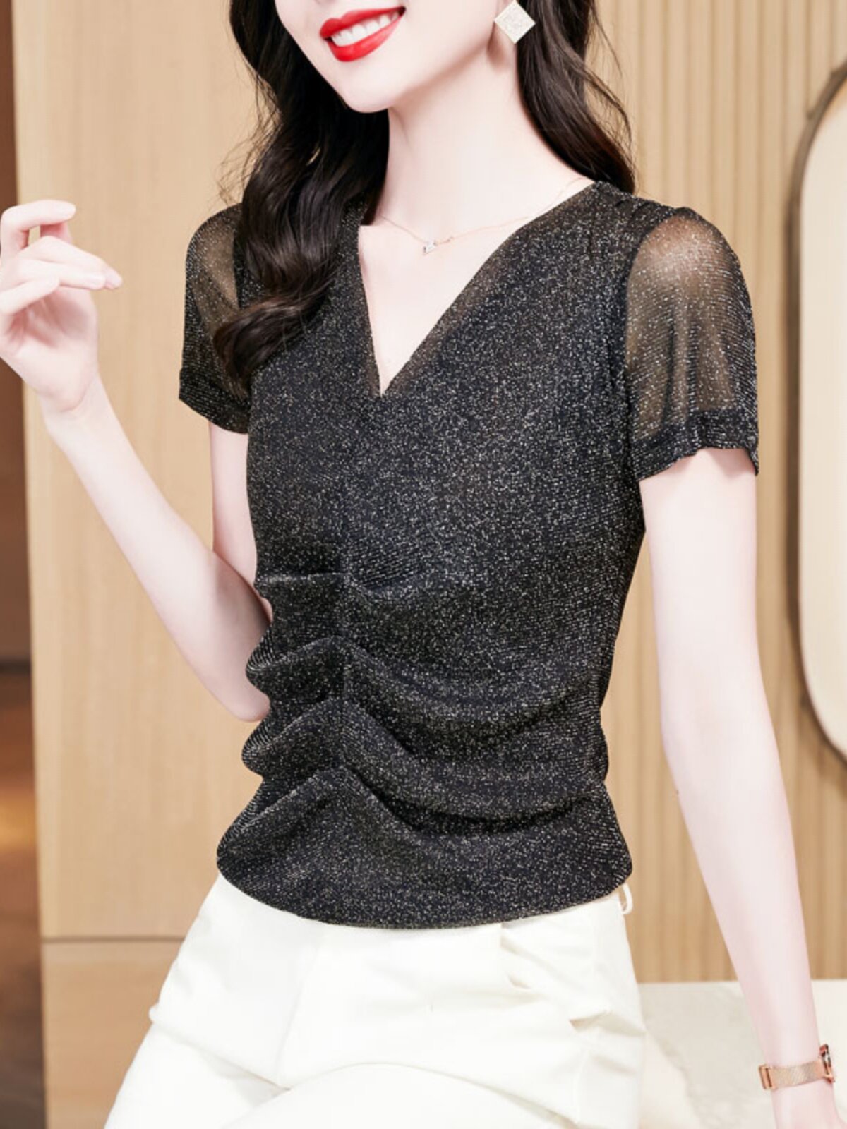 V 넥 반팔 티셔츠 여성 여름 신식 하이 엔드 슬리밍 허리 기질 노화 감소 셔츠 외국 스타일 메쉬 밝은 실크 탑