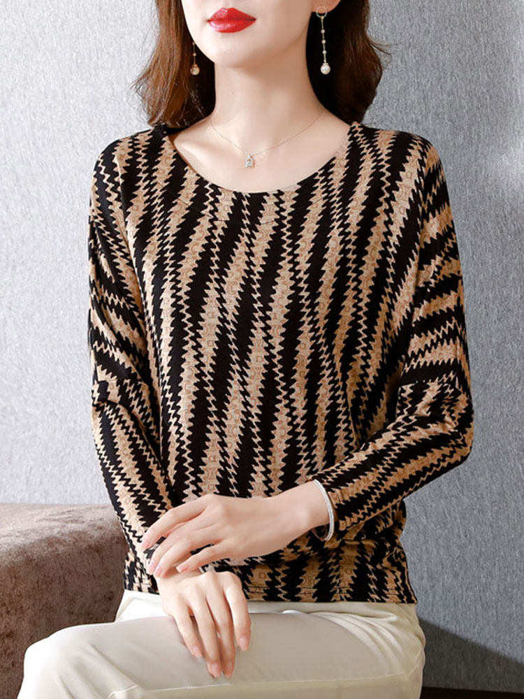 여성용 메쉬 밑단 셔츠 봄 신상품 긴팔 티셔츠 루즈한 배 커버 고급 스몰 셔츠 엄마의 패셔너블한 프린트 탑