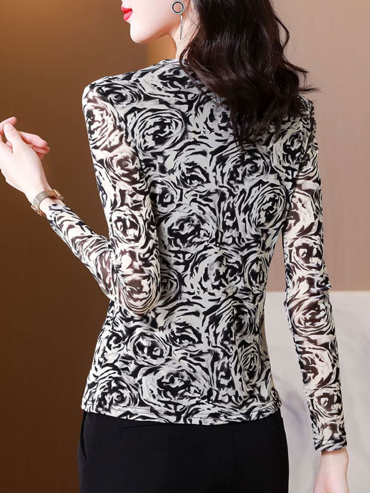 봄 가을 여성을 위한 서양식 프린트 메쉬 바닥 셔츠 스타일리쉬하고 아름다운 작은 셔츠 엄마 상의와 함께 새로운 긴팔 티셔츠