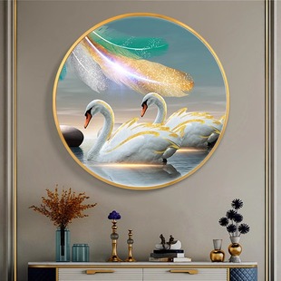 现代简约天鹅圆形装饰画玄关客厅挂画静物有框画主卧室床头装饰画