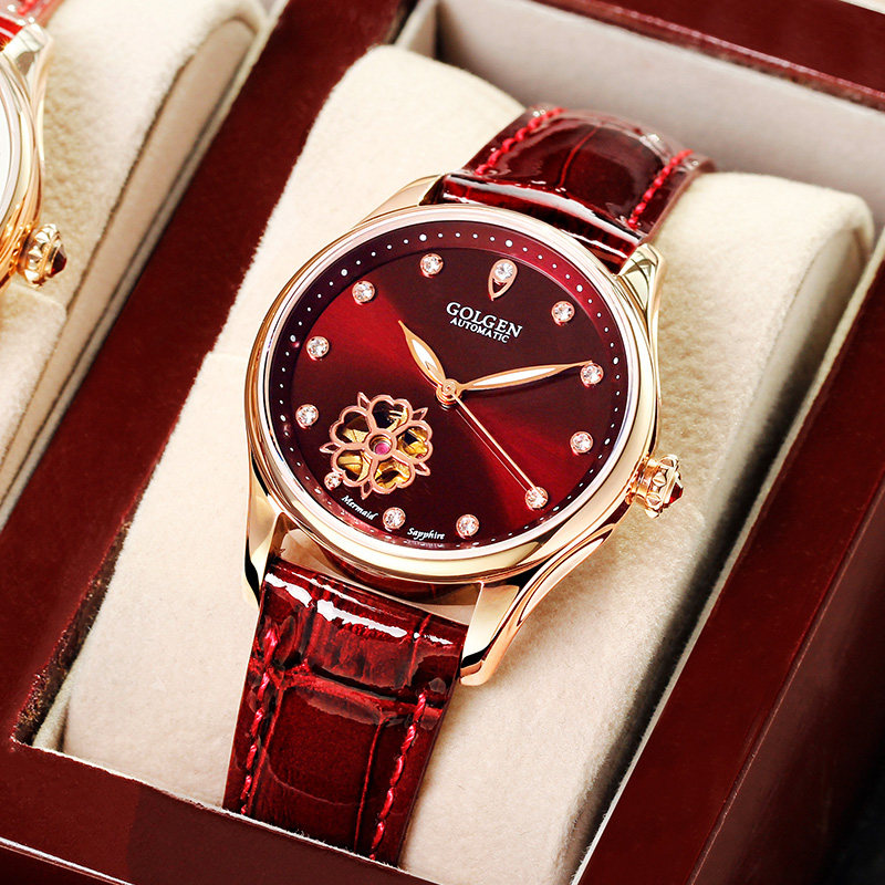 正品古尊手表女全自动机械表镂空镶钻皮带防水2020新款女表6140L