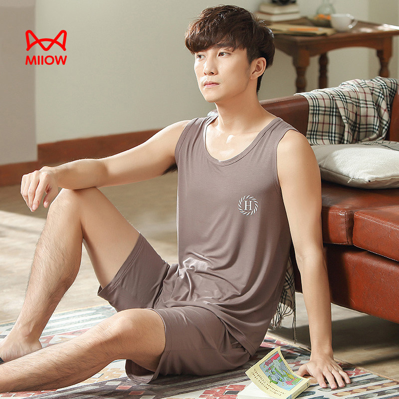 猫人男士睡衣家居服套装莫代尔背心短裤宽松加大码夏季薄款居家服