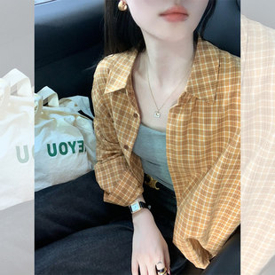 港风复古黄色格子衬衫女春夏慵懒休闲垂感衬衣小个子长袖防晒上衣