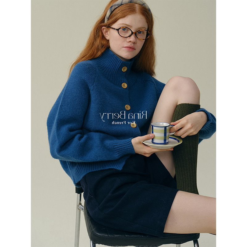 法式复古氛围感高领毛衣开衫女秋