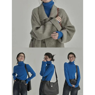 韩系高级感气质叠穿内搭高领针织打底衫女秋冬季修身保暖蓝色毛衣