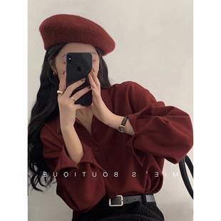 法式复古红色衬衫女早春小个子休闲宽松垂感雪纺衬衣慵懒防晒上衣