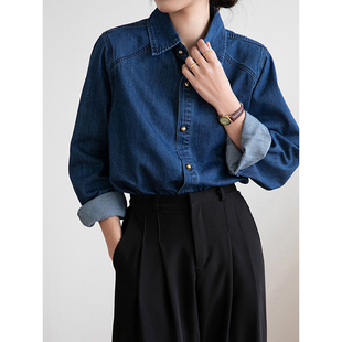 法式港风复古蓝色牛仔衬衫女春秋高级感慵懒休闲叠穿内搭长袖上衣