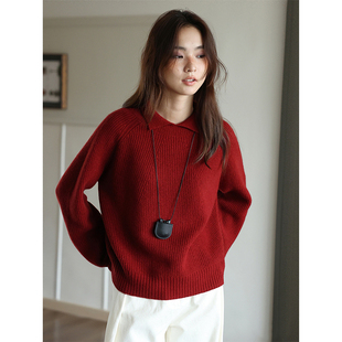 秋冬新年红色翻领毛衣女韩系高级感慵懒风软糯厚实内搭针织打底衫