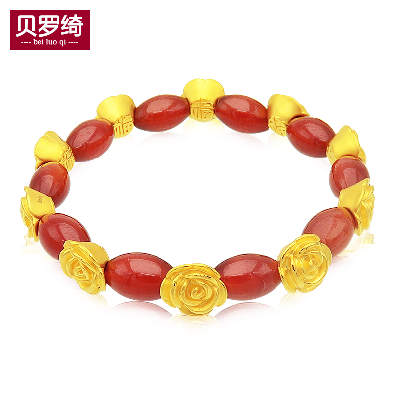 999足金玫瑰花手链女黄金转运珠3D硬金路路通本命年红玛瑙手串镯