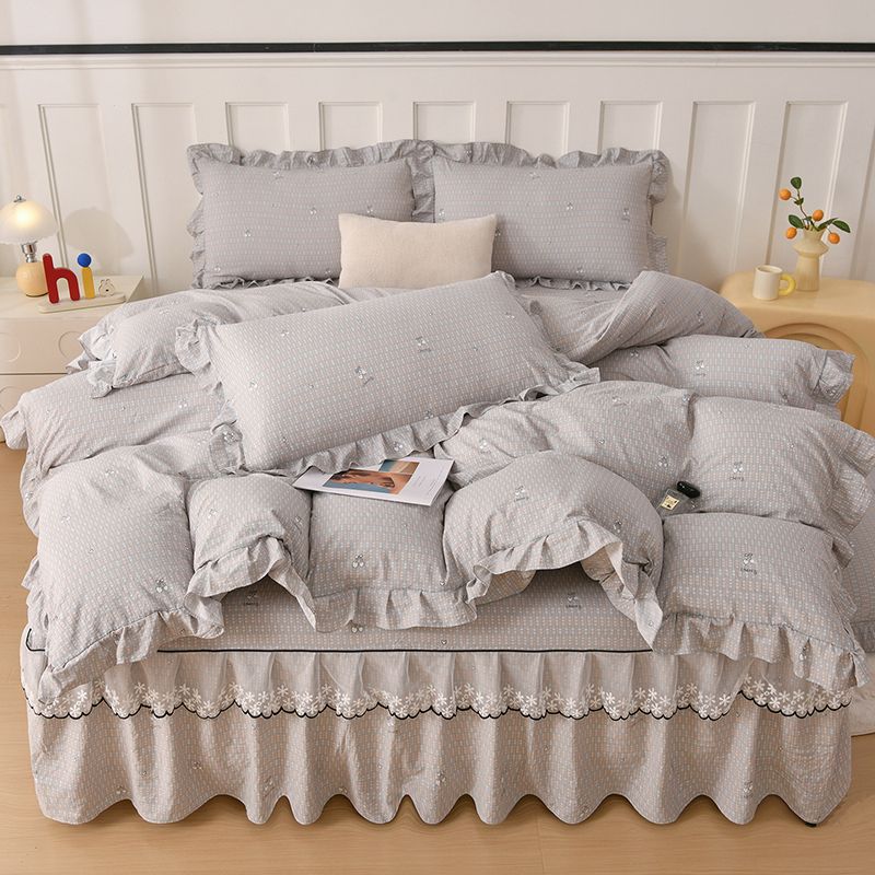 新款水洗棉蕾丝花边床裙三件套裙摆式床单防滑床罩四件套单件被套