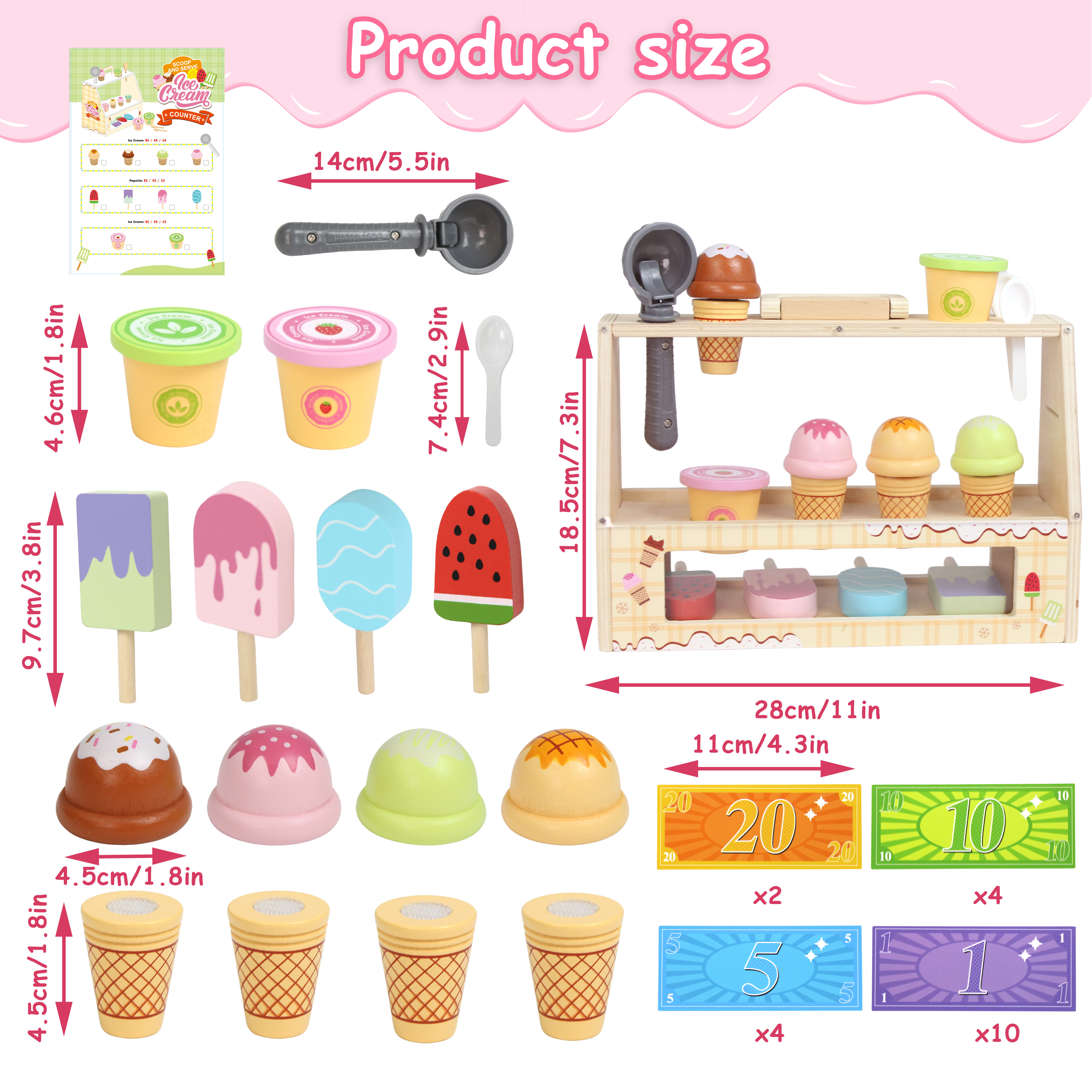 木制儿童冰淇淋商店雪糕车收银玩具男孩女孩礼物幼儿园过家家实木