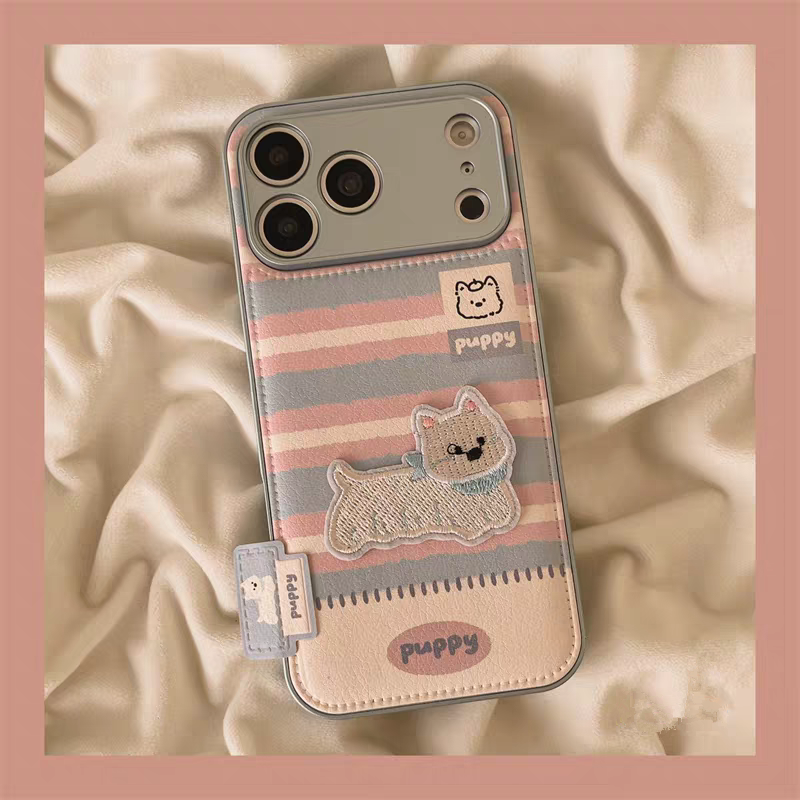 条纹刺绣小狗适用苹果17手机壳iphone16pro保护套新款华为p80/nova14/mate70皮纹小米17pro/reno14/x200/s30