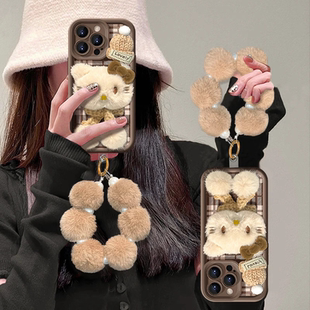 reno14防摔x300 咖色毛绒KT猫适用苹果17手机壳iphone16pro保护套女款 mate70秋冬小米17 nova14 s30 华为p80