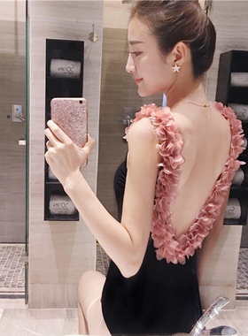 韩国ins网红连体泳衣女夏深V露背立体花朵性感显瘦泡温泉度假泳装