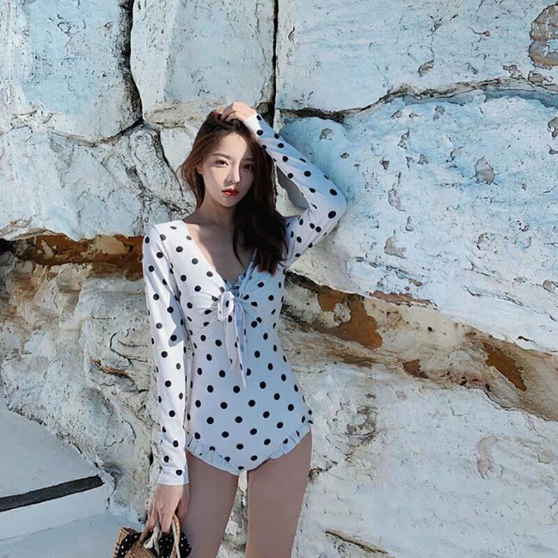 港风复古辣妹性感分体比基尼波点长袖罩衫防晒连体温泉度假风泳装