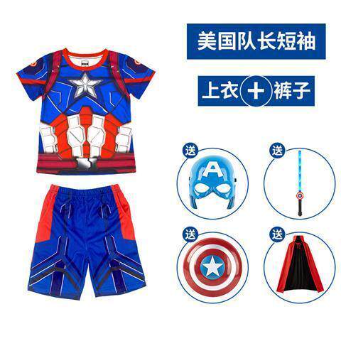 美国队长儿童短袖套装卡通超人衣服披风面具钢铁侠服装男童演出服