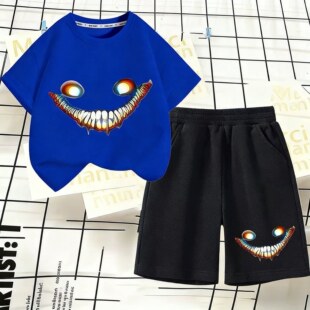 跨境游戏后室 backrooms男女儿童纯棉短袖微笑者笑靥T恤儿童套装