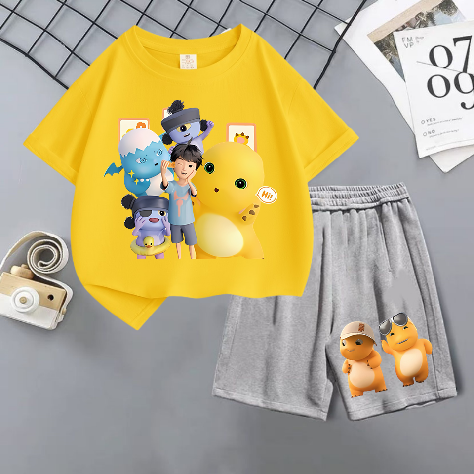 衣服儿童装短袖短裤套装人偶服装黄色小奶龙小七公仔男女童中大童
