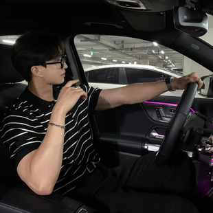 地界二韩版春夏新款POOL领百搭套头衫短袖T恤翻领简约男针织条纹