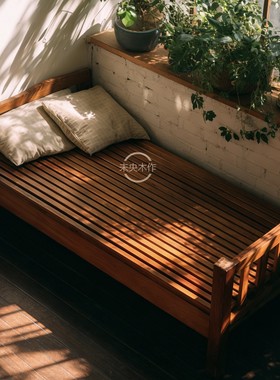 实木罗汉床简约现代客厅阳台休闲床原木榫卯单人床老榆木贵妃床