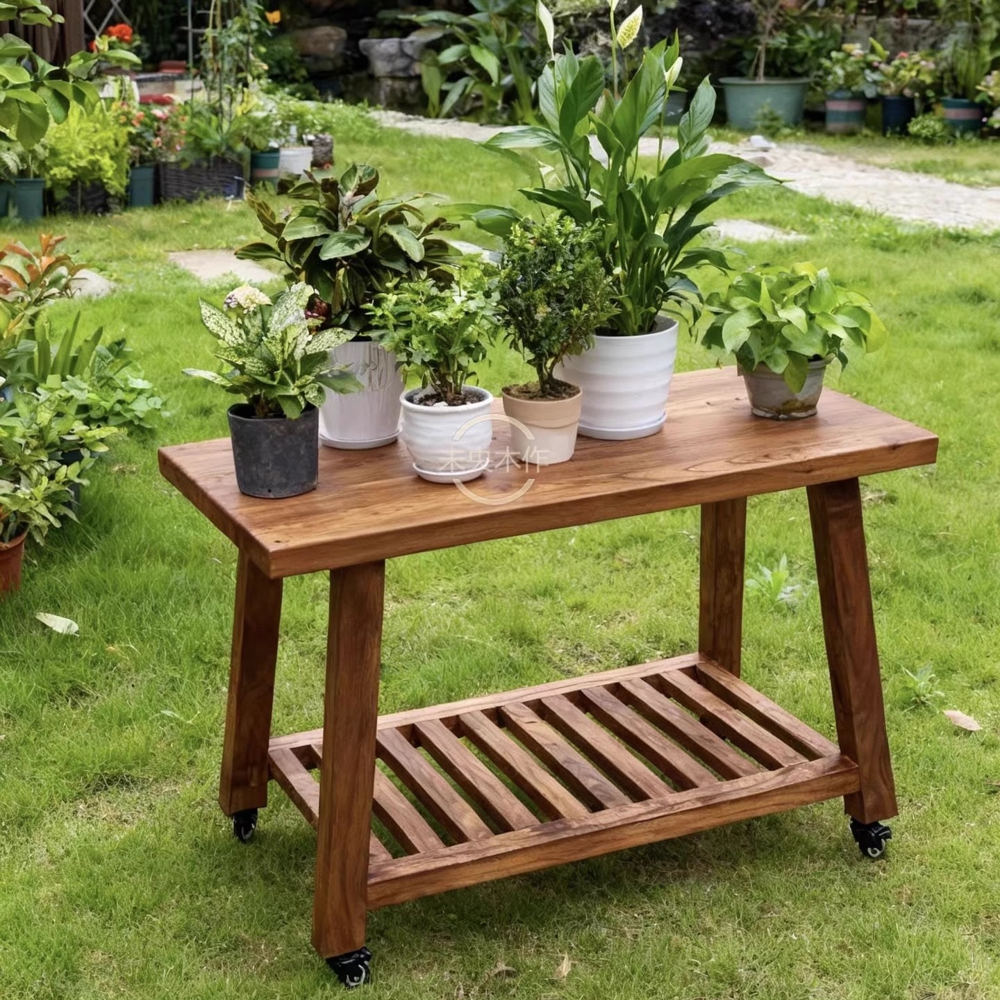 实木带轮子花盆架可定制