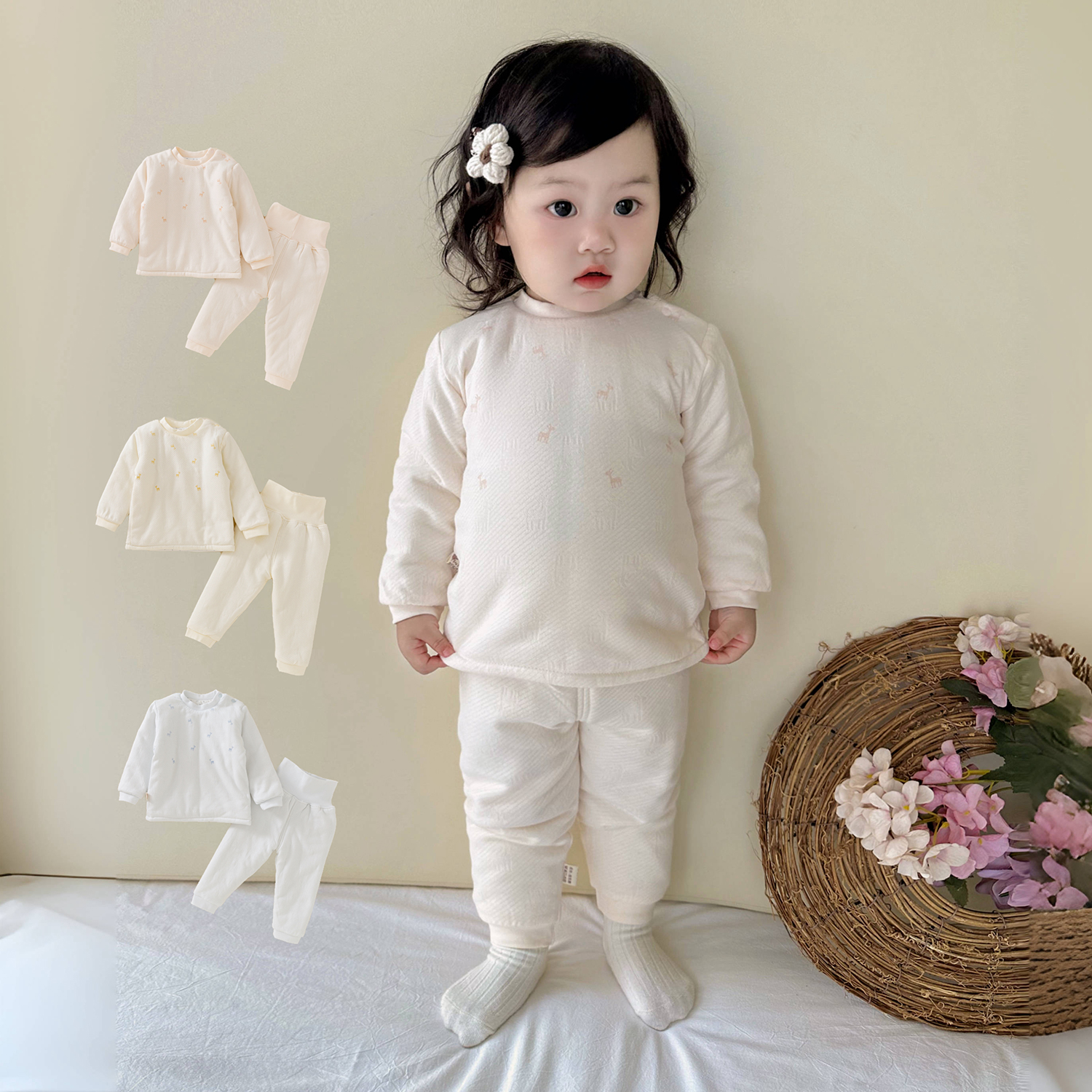 婴儿冬季夹棉分体套装男女宝宝加厚保暖两件套高腰护肚棉衣服内穿