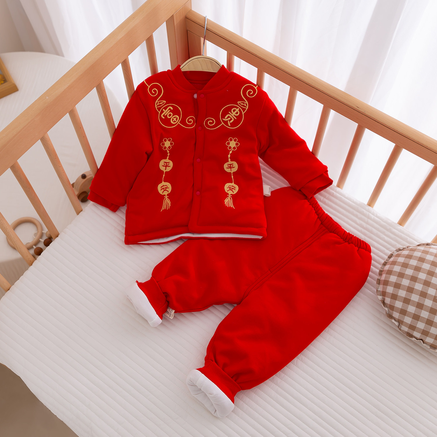 特价男宝宝拜年服婴儿分体套装冬季夹棉新年装过年喜庆衣服大红色
