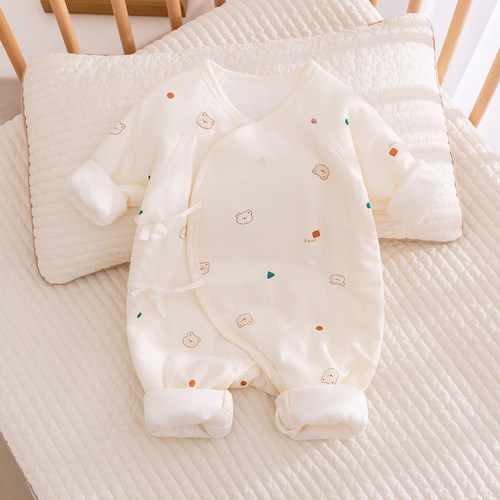 新生婴儿衣服秋冬季夹棉连体衣刚出生宝宝护肚哈衣纯棉a类薄棉衣