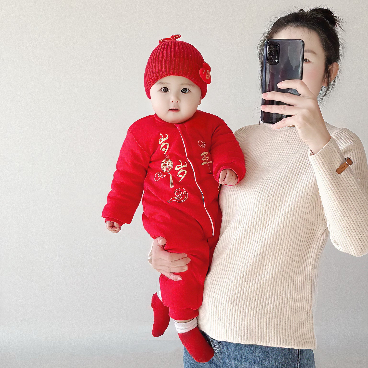 婴儿拜年服连体衣秋冬季棉服宝宝过年喜庆新年装外出服大红色哈衣