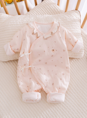 新生婴儿衣服秋冬季夹棉薄棉衣女宝宝哈衣和尚服纯棉护肚连体衣03