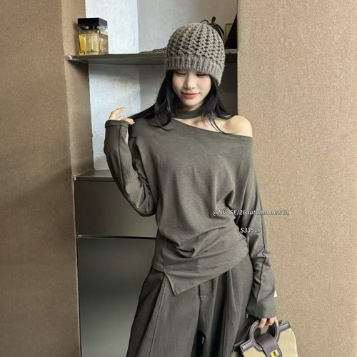 女色-挂脖斜肩设计感不规则气质显瘦针织衫(不含下装+包包)S3351