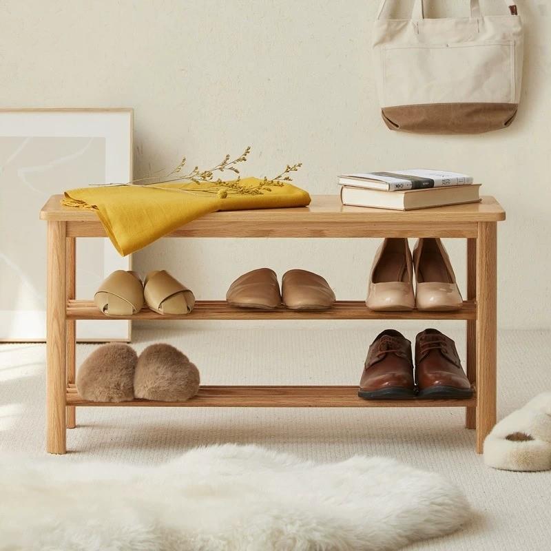 N5全实木换鞋架家用门口换鞋实木日式简约可坐多层凳面橡木凳玄关
