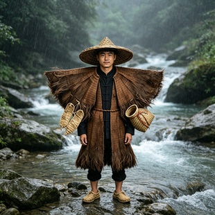 老式蓑衣斗笠帽棕编防雨披肩穿棕衣怀旧古风演出服农家乐装饰道具