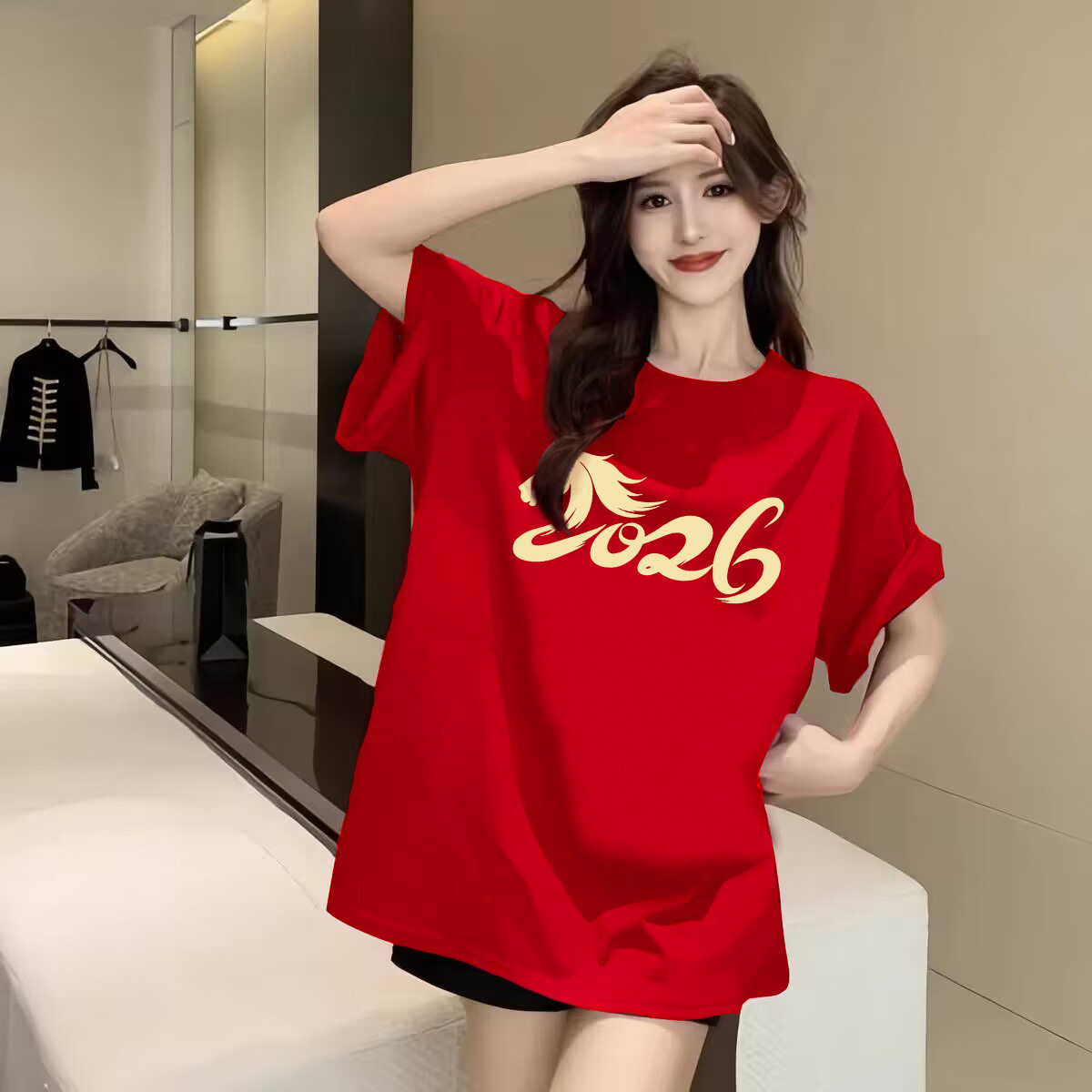 卡通小马红色纯棉短袖t恤女马年T恤