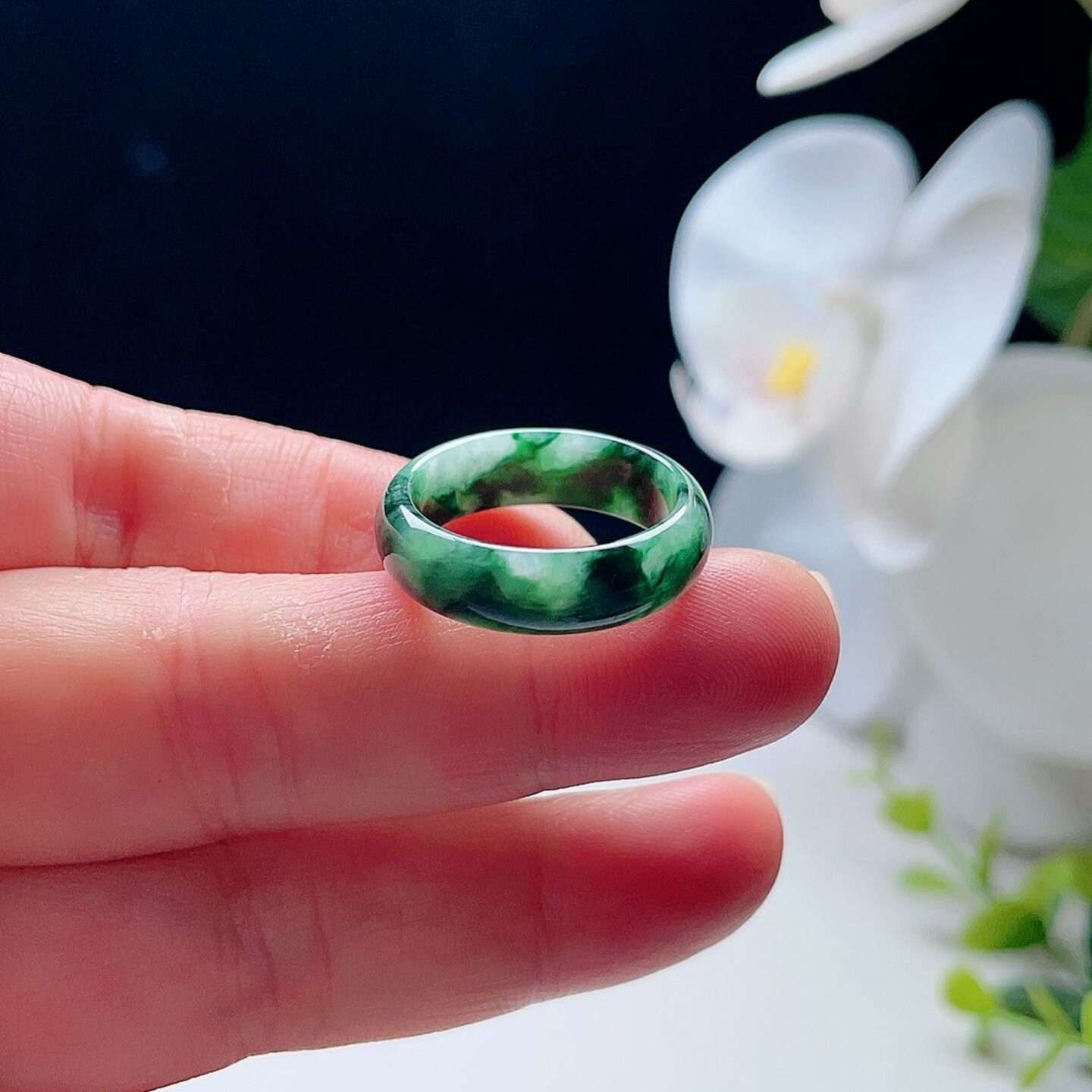 天然A货翡翠戒指辣绿阳绿飘花18.5mm缅甸老坑玉指环意境幸运圈17#