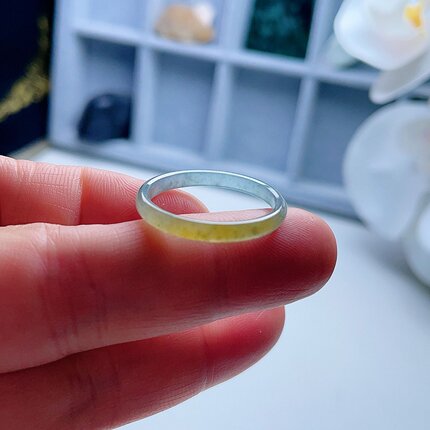 A货翡翠戒指晴水黄绿双彩飘花19.9mm天然老坑玉指环山水意境22#