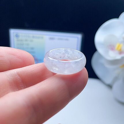 天然A货翡翠冰种宽边戒指乳白17mm缅甸老坑玉指环飘雪花棉意境14#