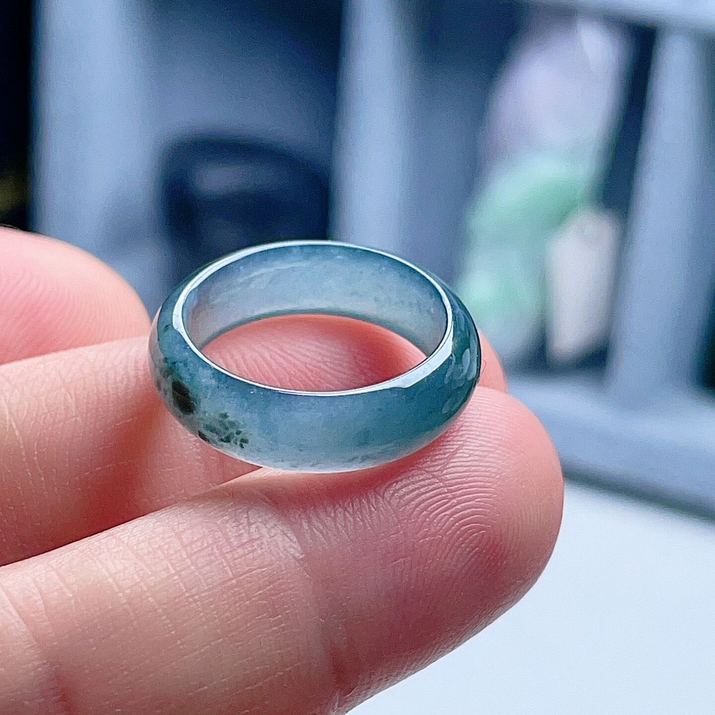 A货翡翠戒指蓝绿飘花15.5mm天然老坑玉指环意境清新优雅幸运圈10#