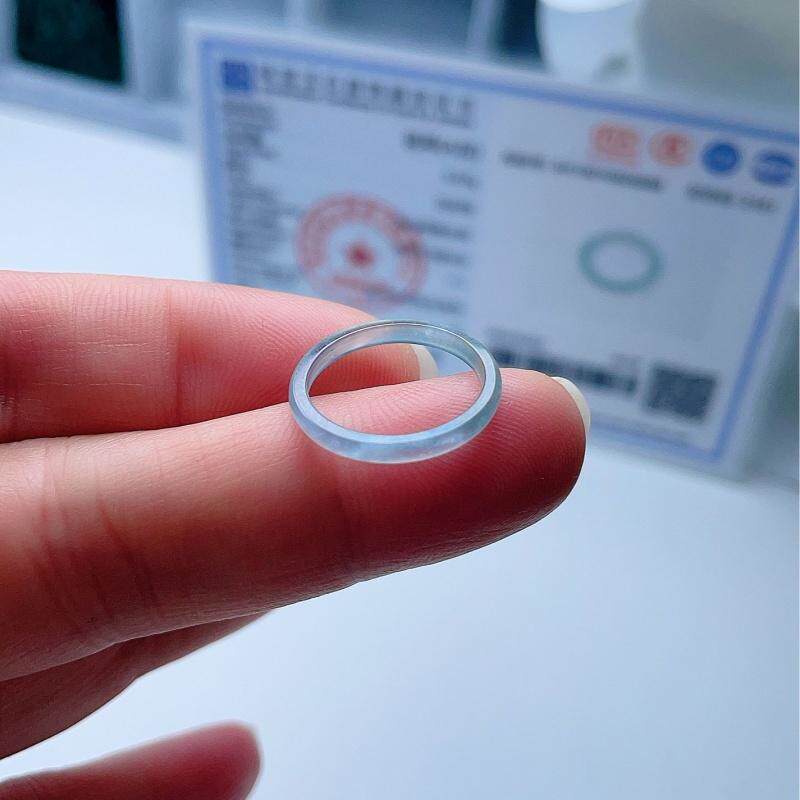 A货翡翠冰种晴水绿细条戒指15mm天然老坑指环飘雪花棉秀气清新8#