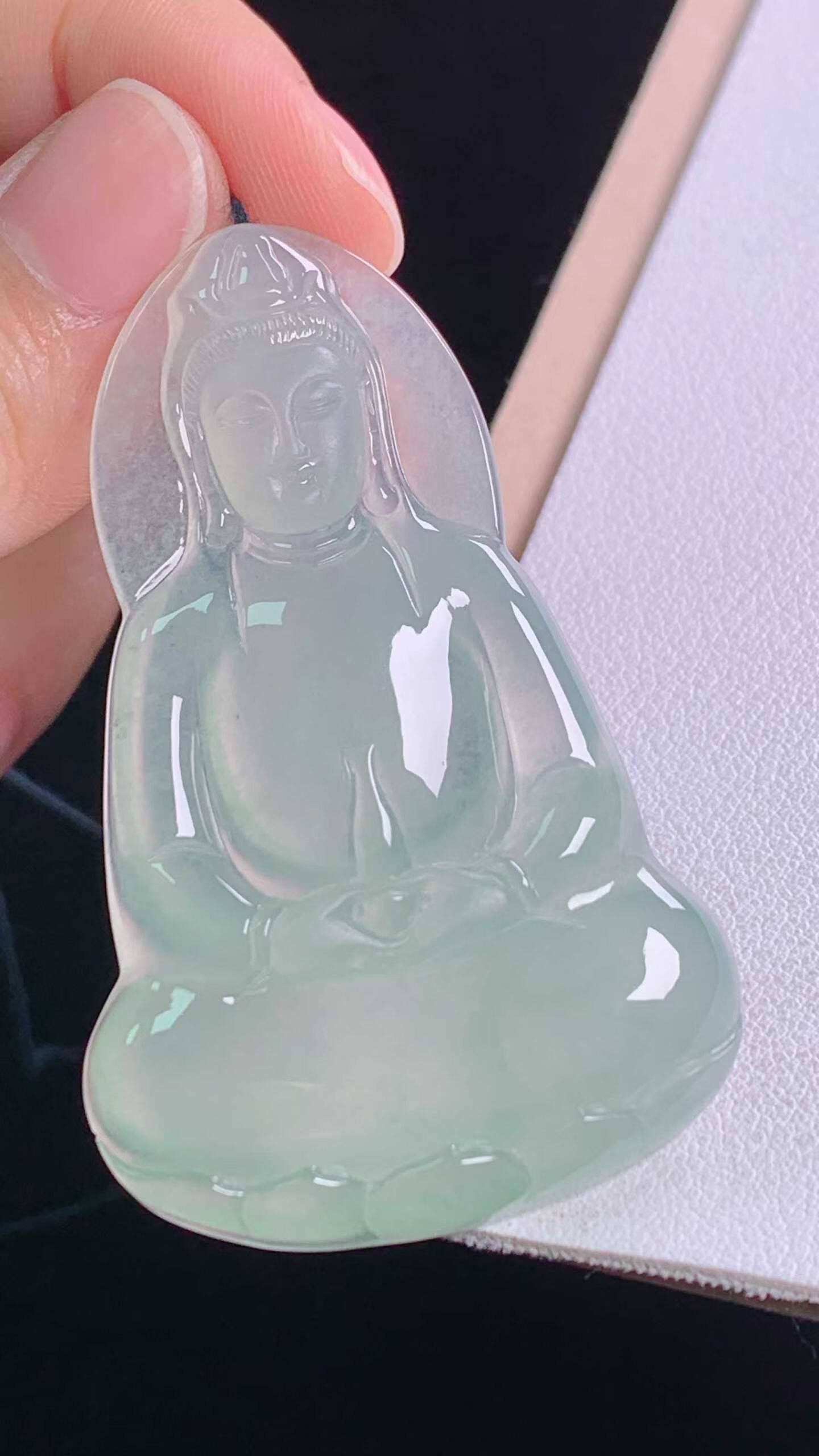 天然A货翡翠素衣观音吊坠乳白淡绿缅甸老坑晴水观音菩萨挂坠玉佩
