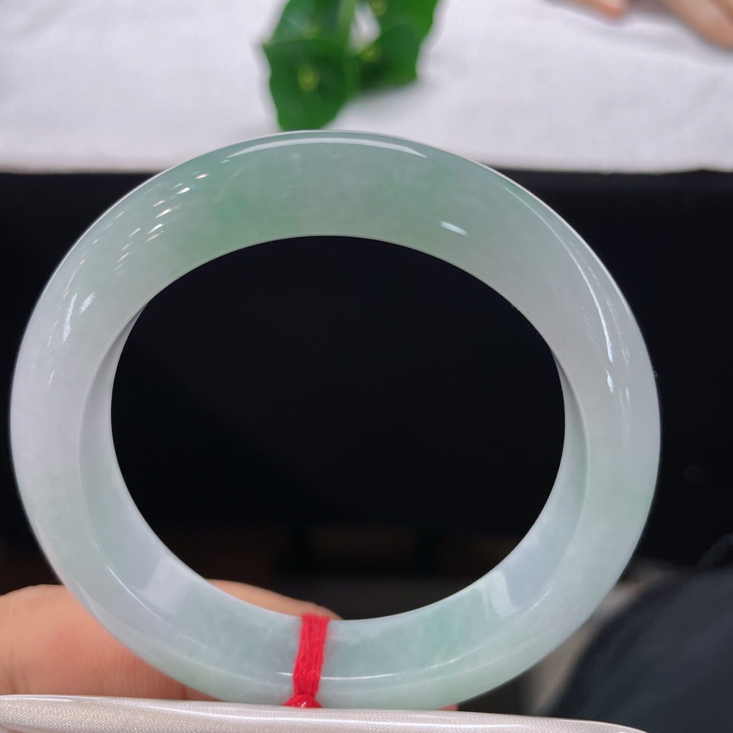 天然A货翡翠手镯乳白飘绿53.8mm缅甸老坑浅绿玉镯清爽俏色镯子