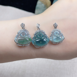 A货翡翠飘花佛镶嵌925银吊坠弥勒佛正品 玉佩佛公大肚佛 礼物女款