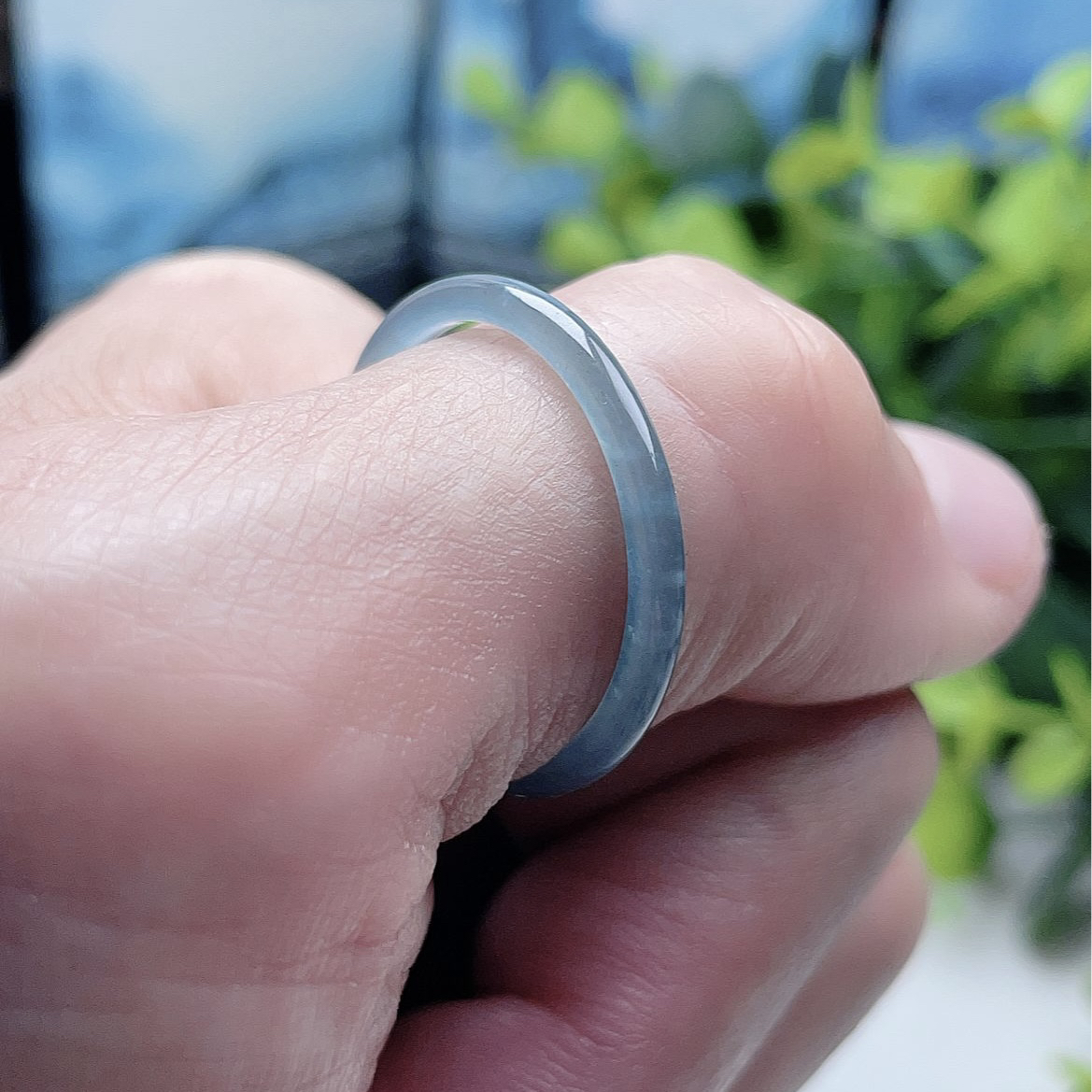 翡翠A货大圈口戒指22mm天然老坑冰晴水29#戒圈细边圆条天空蓝指环