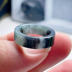 A货翡翠方戒指灰黑双彩16.2mm天然老坑玉指环半山半水意境儒雅12