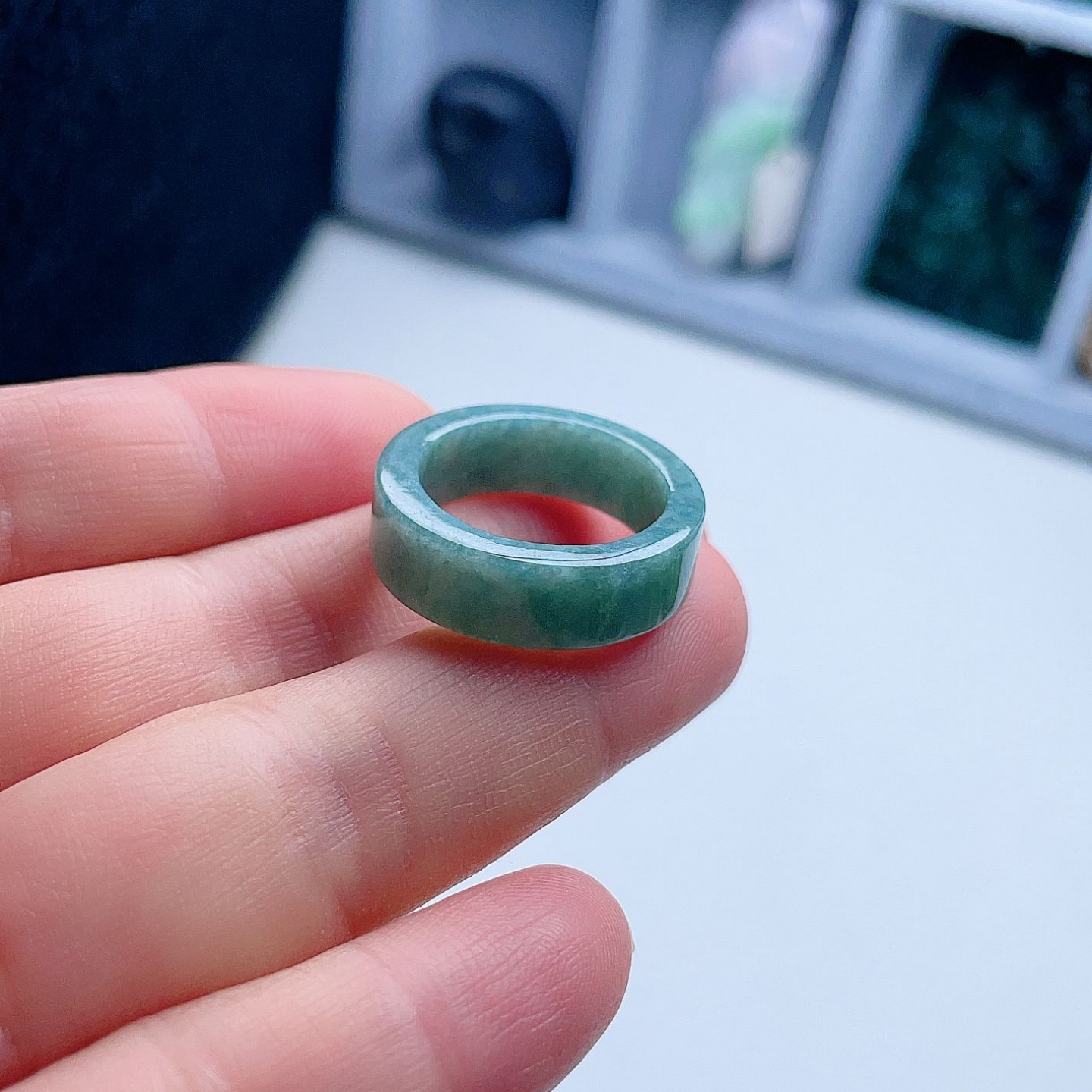 天然翡翠方戒指菠菜绿意境儒雅